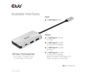 CLUB3D CSV-1543 knyginių kompiuterių dokas / jungčių replikatorius USB 3.2 Gen 2 (3.1 Gen 2) Type-C Juoda, Sidabras